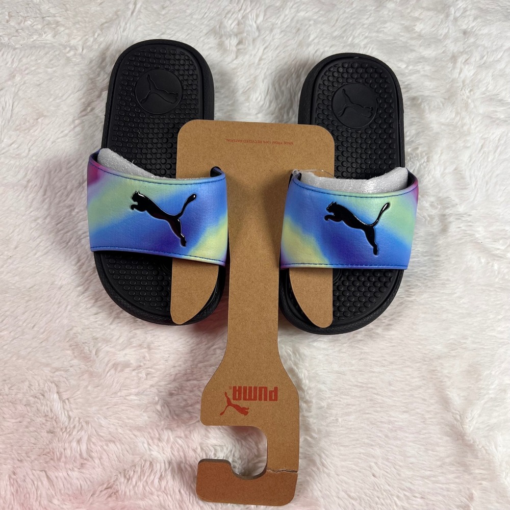 Puma Cool Cat Dark Prismatic PS Slides Black Fuchsia NWT Purple Blue‎ Kids 11C